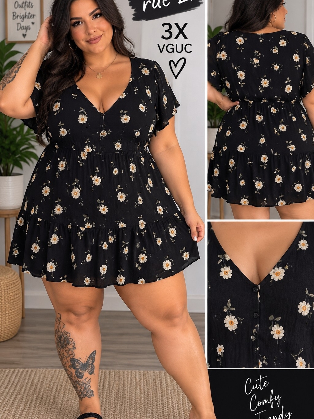 Rue21 Black Daisy Print V-Neck Ruffle Dress